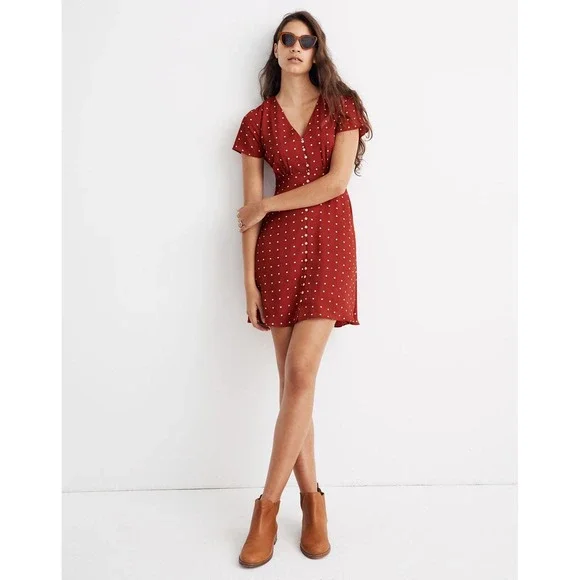 Madewell Button-Front Swing Dress Red White Polka Dot Short Sleeve Mini Size 2 - Picture 1 of 10